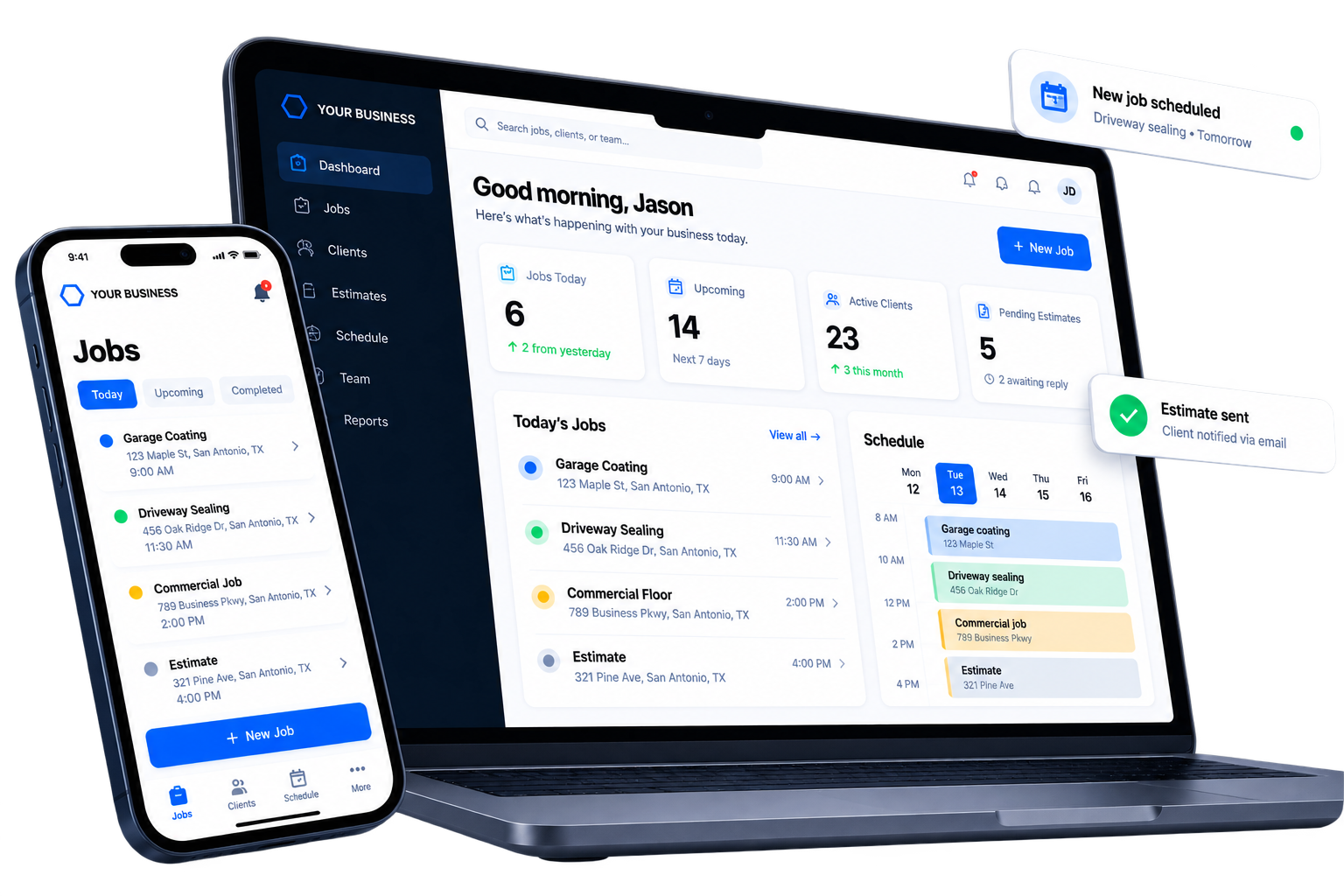 Business job management dashboard on a laptop and phone, with scheduling and estimate notifications.