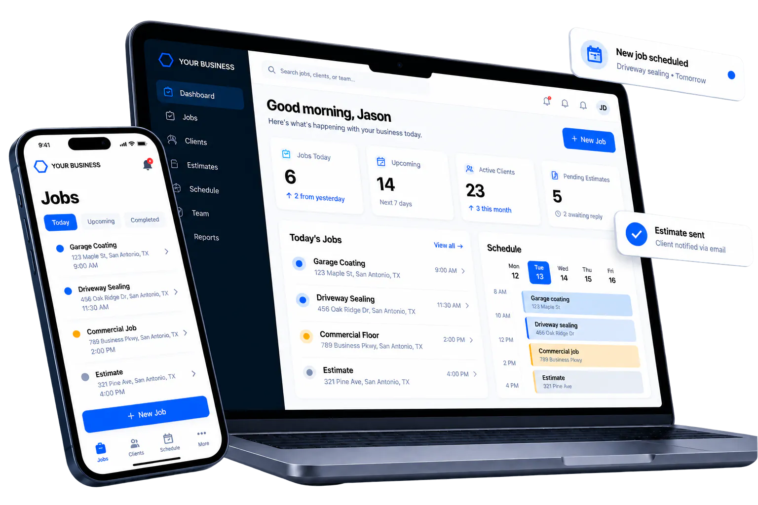 Business job management dashboard on a laptop and phone, with scheduling and estimate notifications.