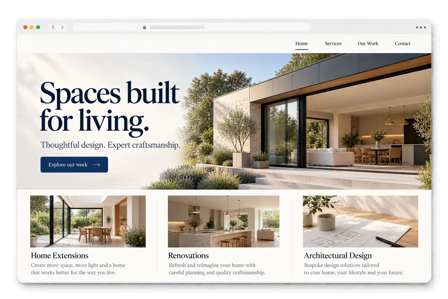 Illustrative website concept: a polished architecture and renovation website presented in a browser window.