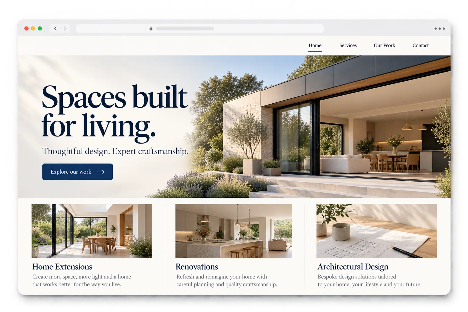 Illustrative website concept: a polished architecture and renovation website presented in a browser window.